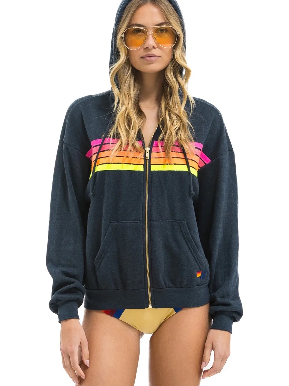 Aviator Nation Navy Hoodie with Pink and Yellow Stripe Detail